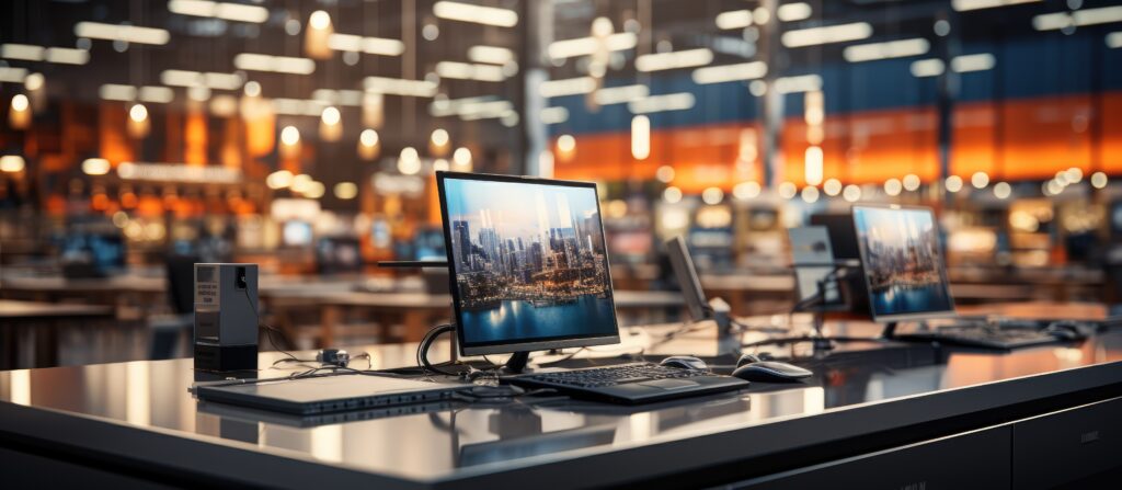 blurred background of electronics department store, television and laptop computer