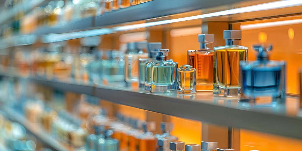 elegantly arranged assorted perfumes store shelves concept store display perfume bottles fragrance collection lifestyle photography